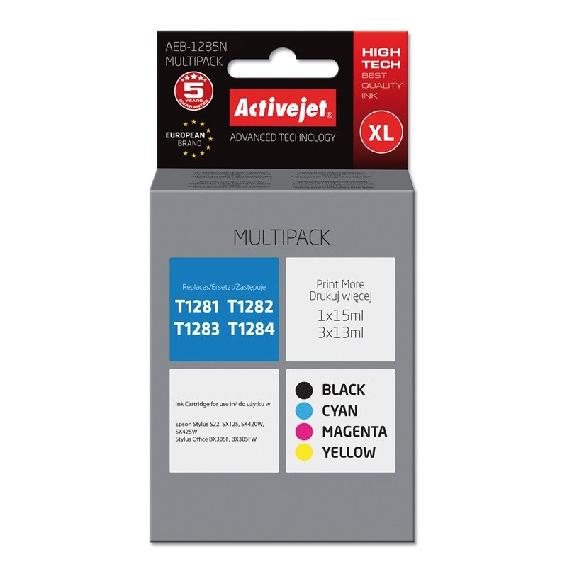 Activejet AEB-1285N Ink (replacement for Epson T1281, T1282, T1283, T1284 Supreme 1 x 15 ml, 3 x 13 ml black, magenta, c