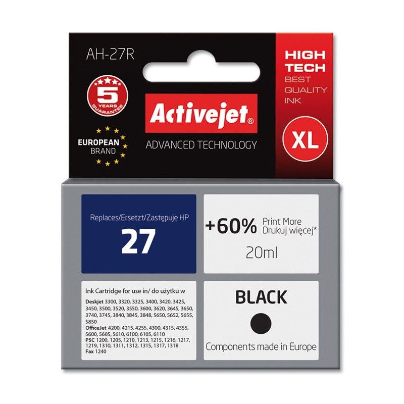 Activejet AH-27R Ink cartridge (replacement for HP 27 C8727A Premium 20 ml black)